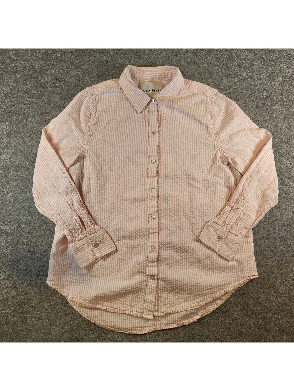 Lola River Womens Large Pink White Seersucker Long Sleeve Button Down Shirt